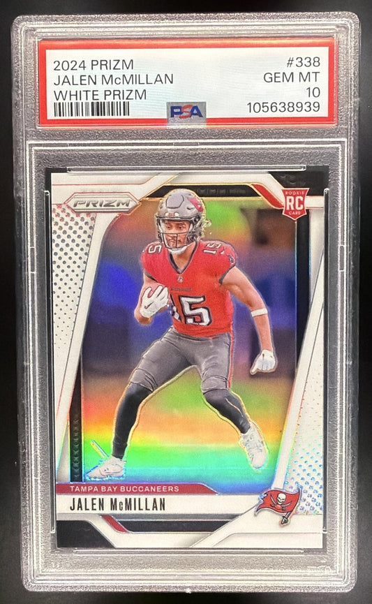 JALEN MCMILLAN 2024 PANINI PRIZM #338 WHITE 21/35 RC BUCCANEERS PSA 10