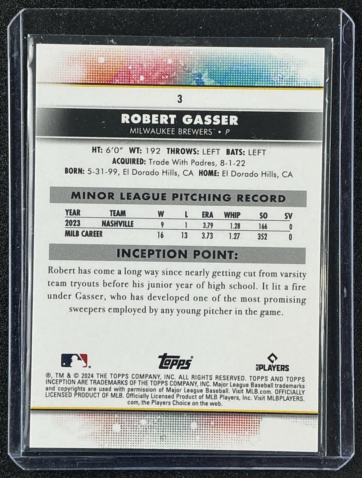 ROBERT GASSER 2024 TOPPS INCEPTION #3 GREEN RC BREWERS