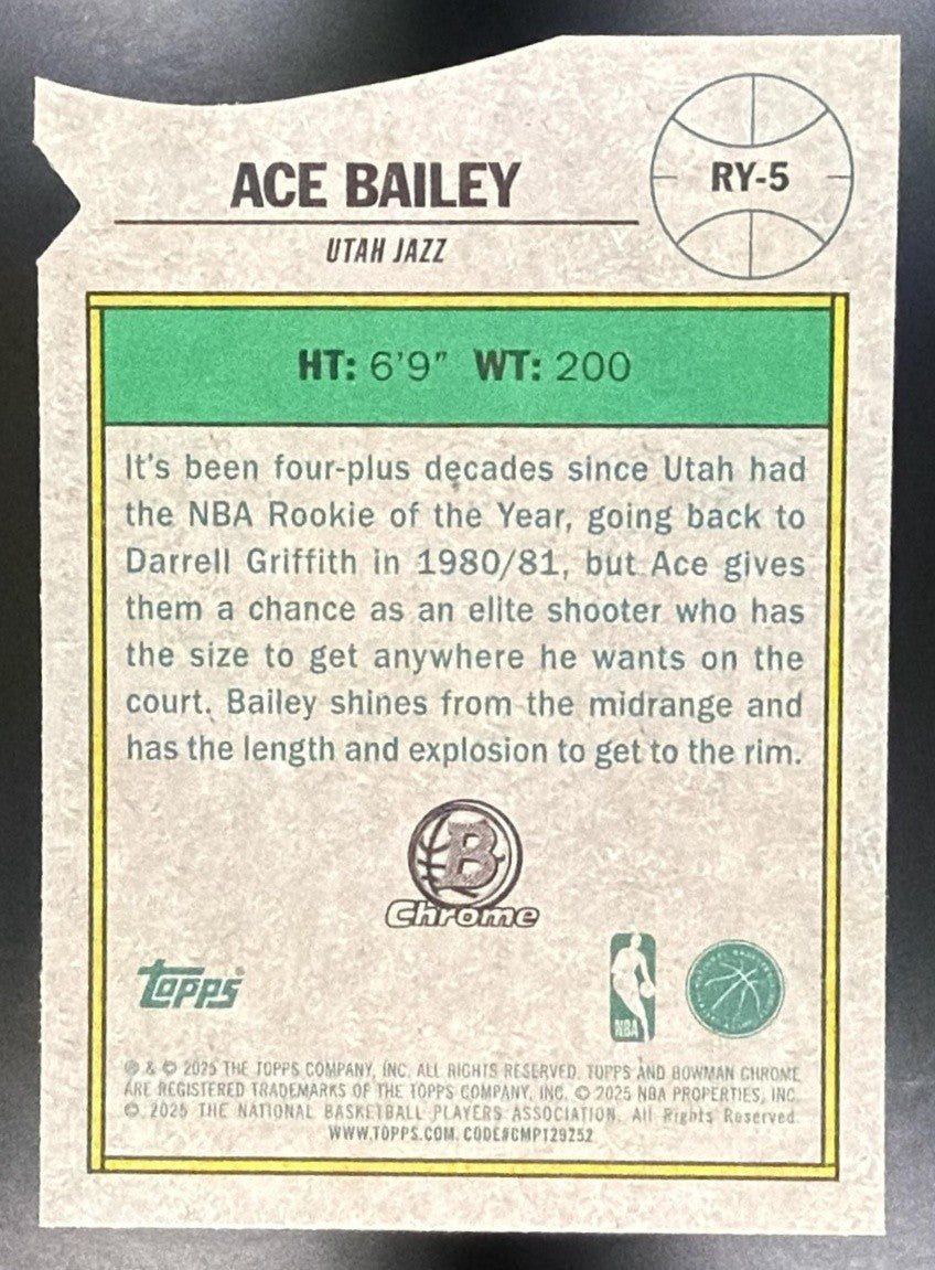 ACE BAILEY 2025-26 BOWMAN #RY-5 ROY FAVORITES CHROME RC JAZZ
