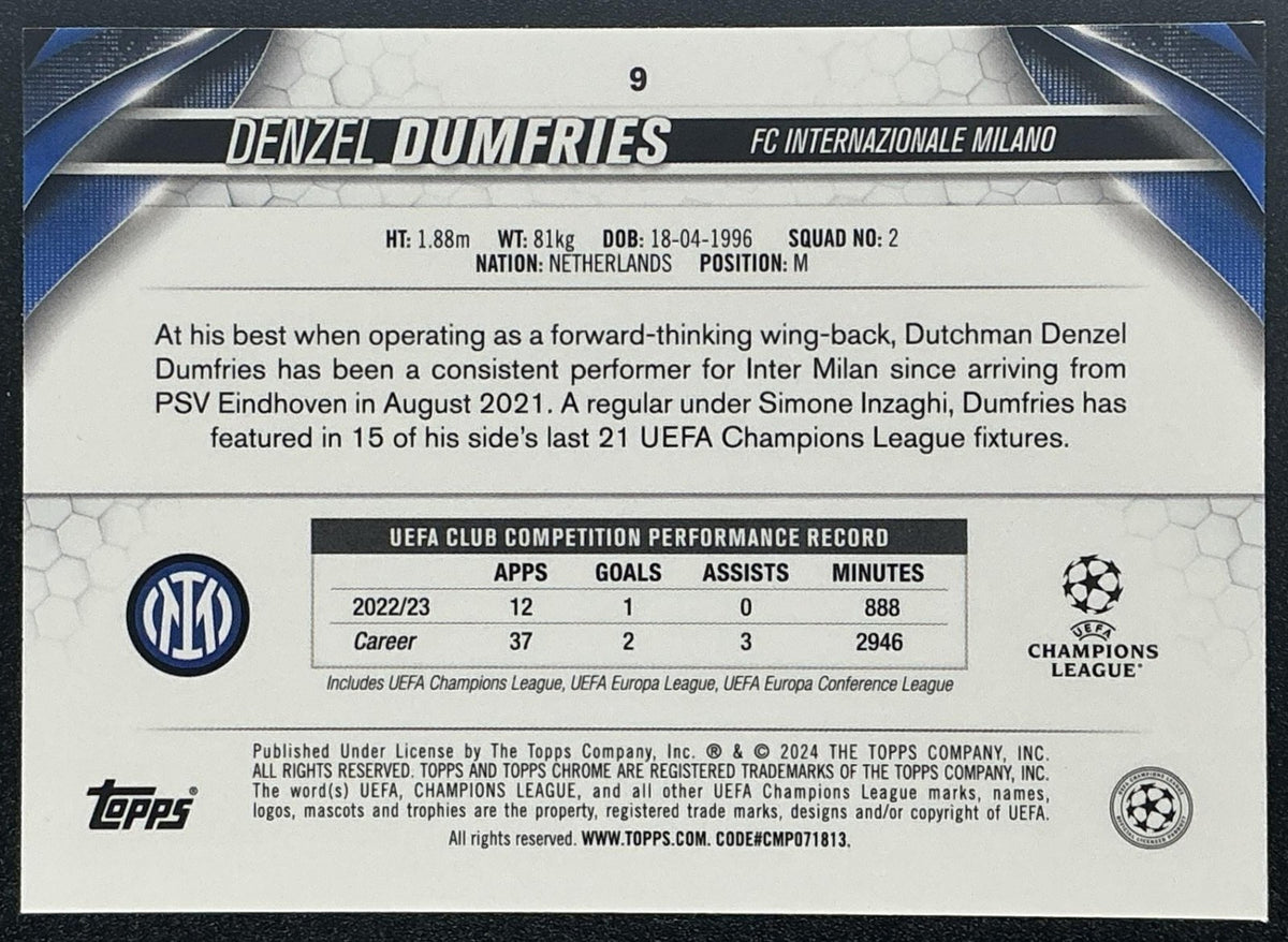 2023 Topps Chrome Denzel Dumfries #9 Neon Green Wave Refractor /399