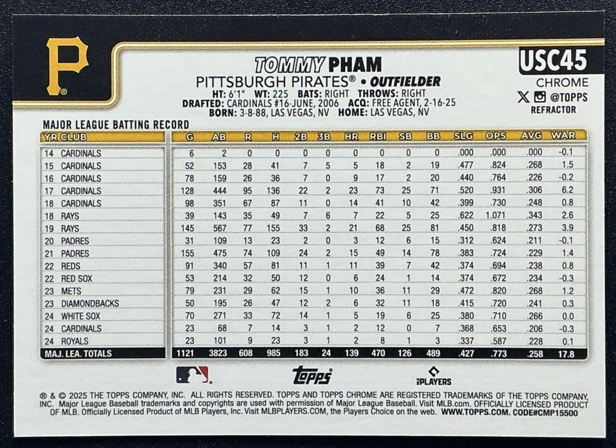 TOMMY PHAM 2025 TOPPS CHROME UPDATE #USC45 REFRACTOR PIRATES
