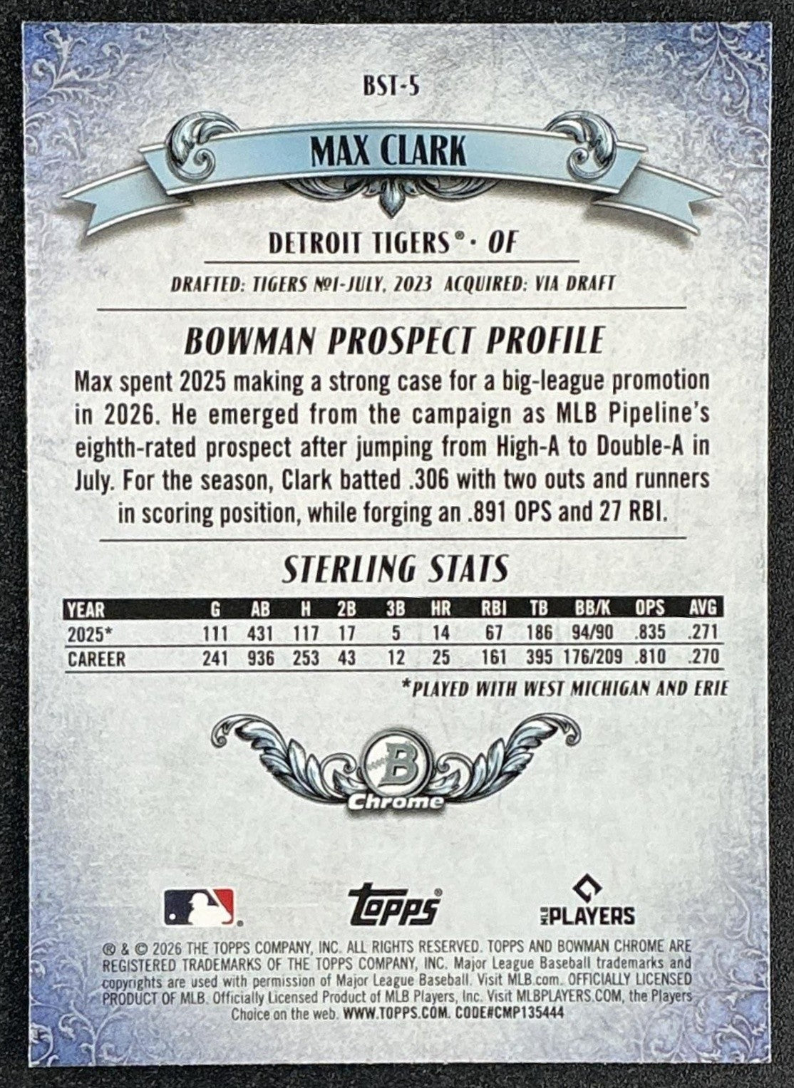 MAX CLARK 2026 BOWMAN #BST-5 STERLING CHROME TIGERS