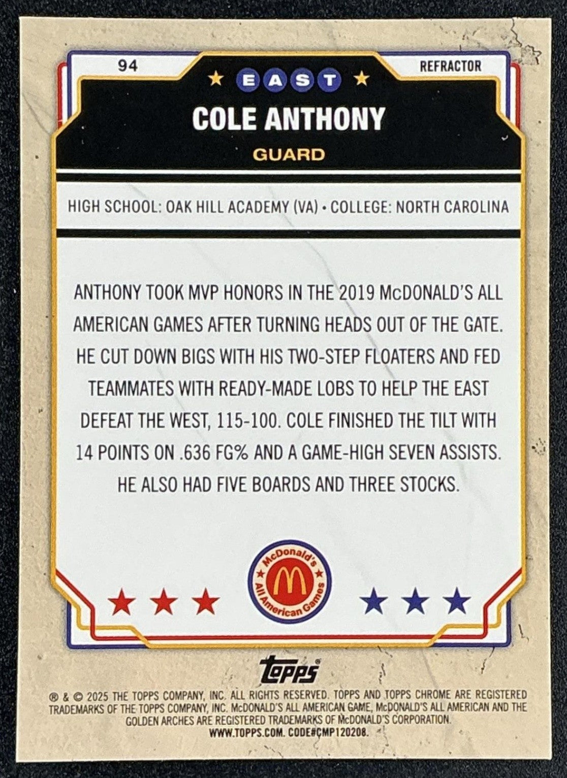 COLE ANTHONY 2025 TOPPS CHROME MCDONALD'S ALL-AMERICAN #94 REFRACTOR