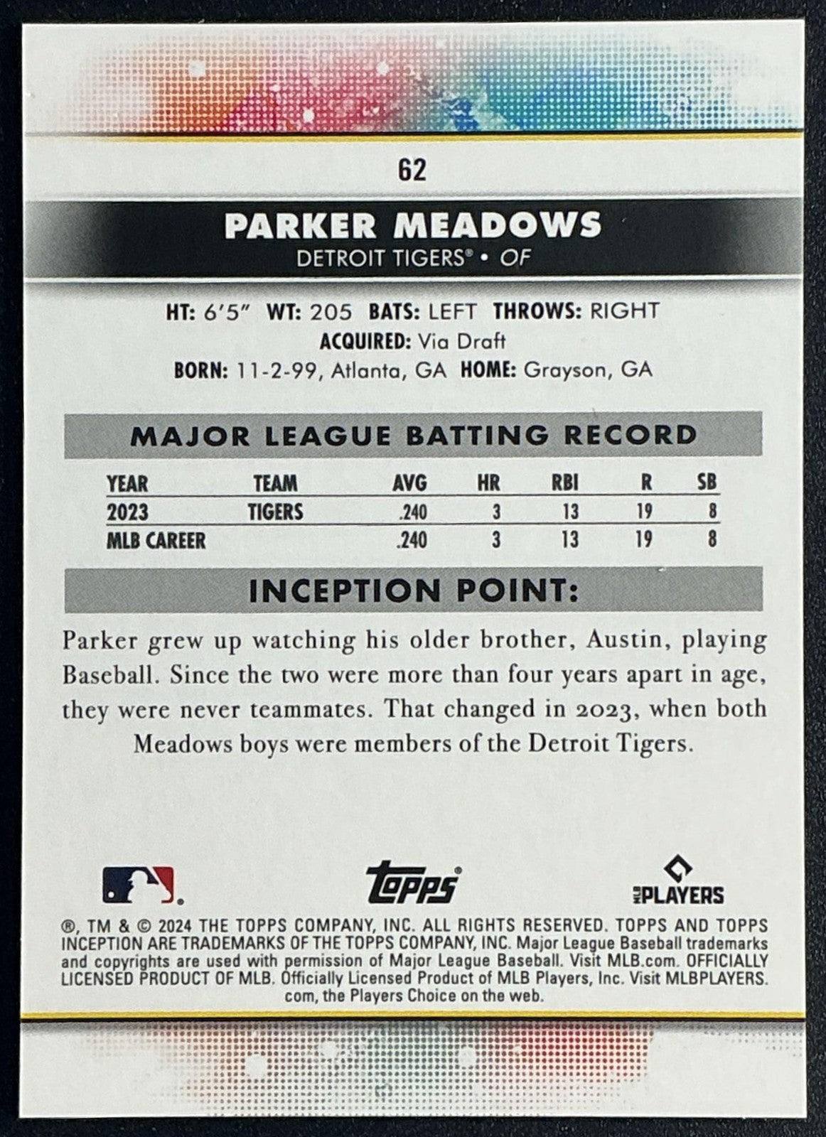 PARKER MEADOWS 2024 TOPPS INCEPTION #62 RC TIGERS