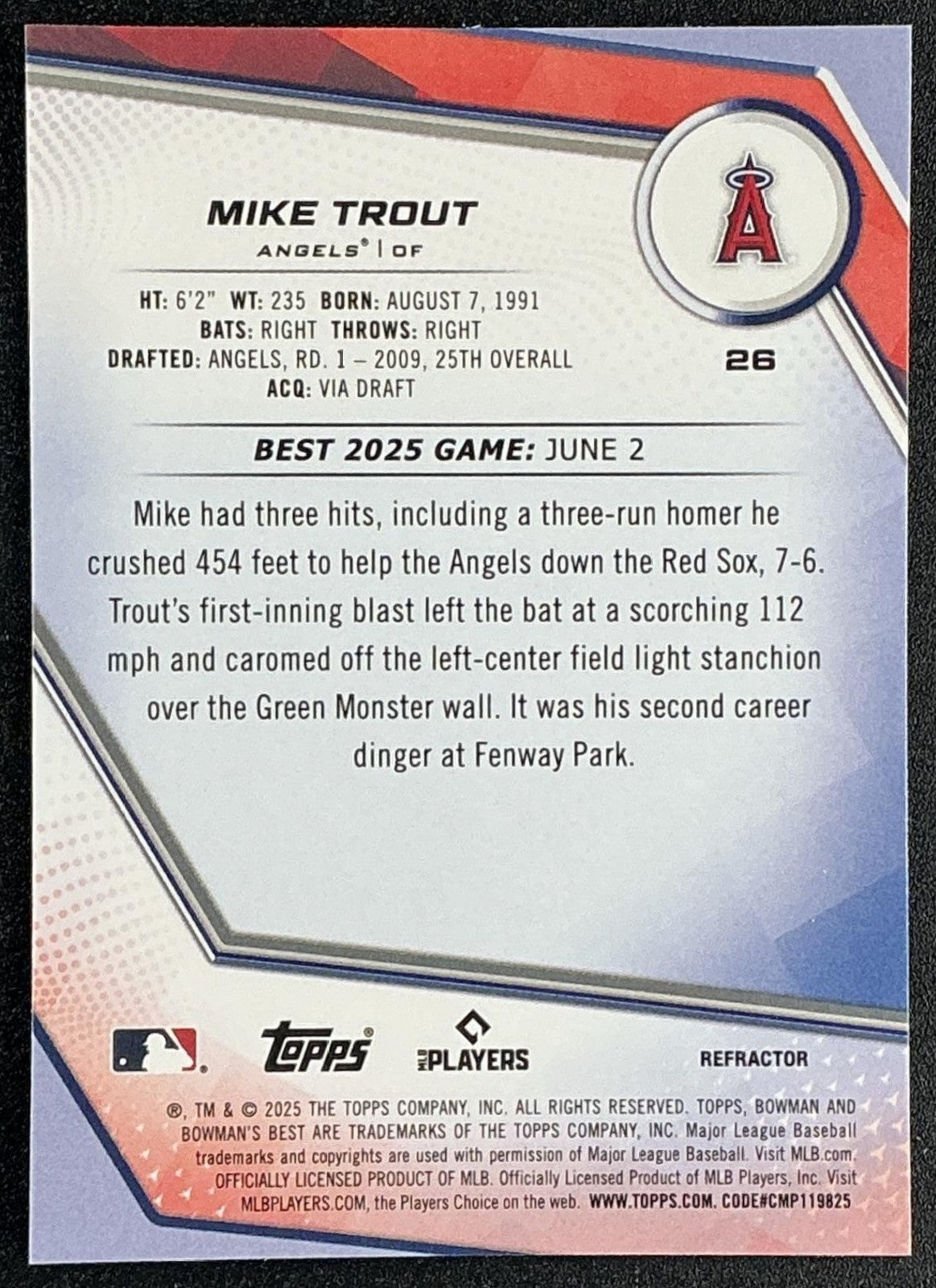 MIKE TROUT 2025 BOWMAN'S BEST #26 REFRACTOR ANGELS