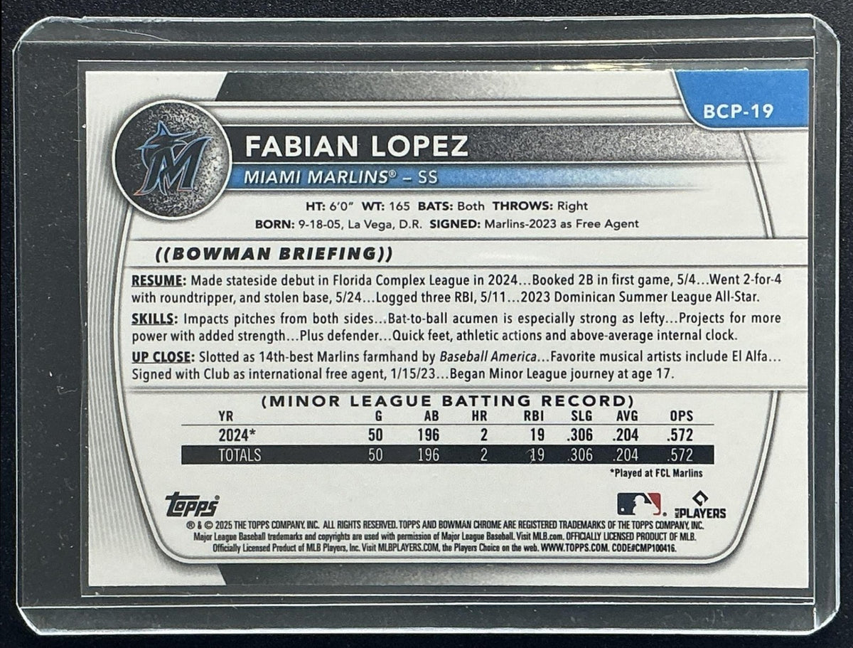 FABIAN LOPEZ 2025 BOWMAN #BCP-19 CHROME 1ST PROSPECT MARLINS
