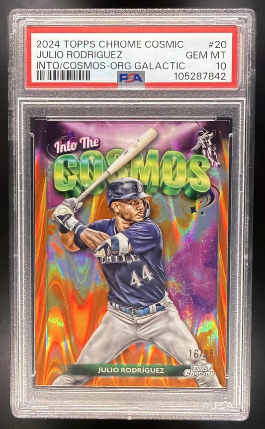 2024 Topps Cosmic Julio Rodriguez Into the Cosmos Orange Galactic /25 PSA 10