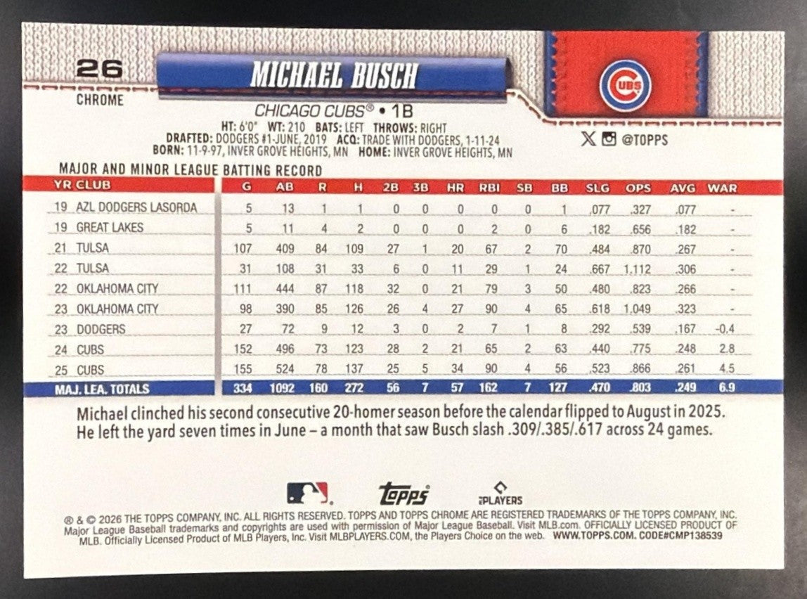 MICHAEL BUSCH 2026 TOPPS CHROME #26 GOLD REFRACTOR 28/50 CUBS