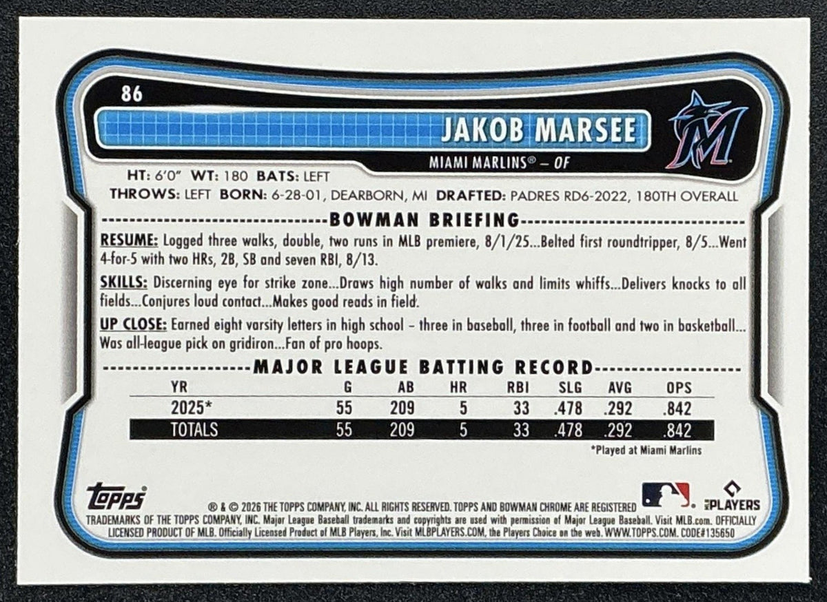 JAKOB MARSEE 2026 BOWMAN #86 CHROME ROOKIE RED RC VARIATION MARLINS