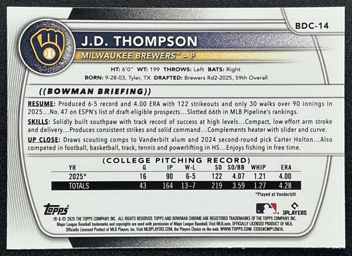 2025 Bowman Draft J.D. Thompson #BDC-14 Chrome Mojo Refractor 1st Prospect
