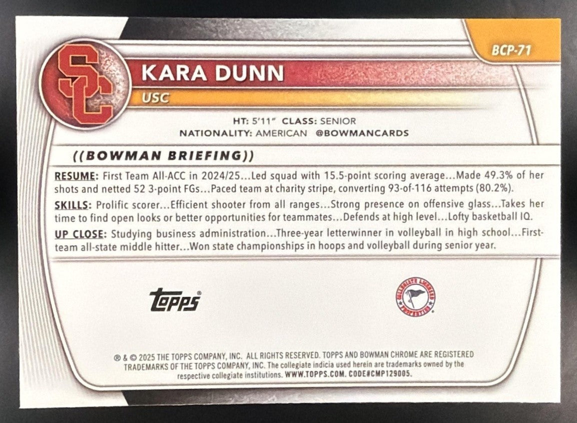 KARA DUNN 2025-26 BOWMAN #BCP-71 CHROME REPTILIAN REFRACTOR 1ST PROSPECT TROJANS