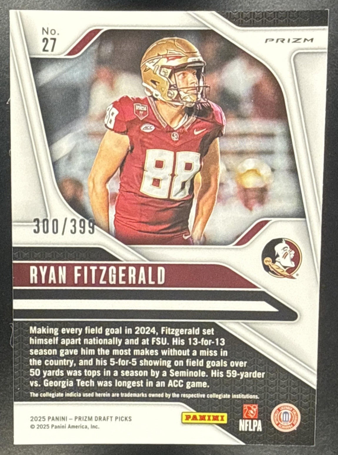 RYAN FITZGERALD 2025 PANINI PRIZM DRAFT PICKS #27 RED 300/399 RC SEMINOLES