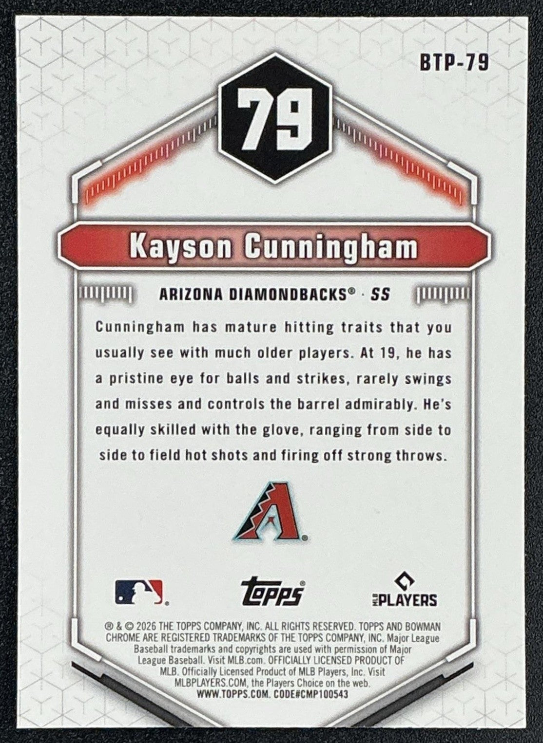 KAYSON CUNNINGHAM 2026 BOWMAN #BTP-79 SCOUTS TOP 100 CHROME DIAMONDBACKS