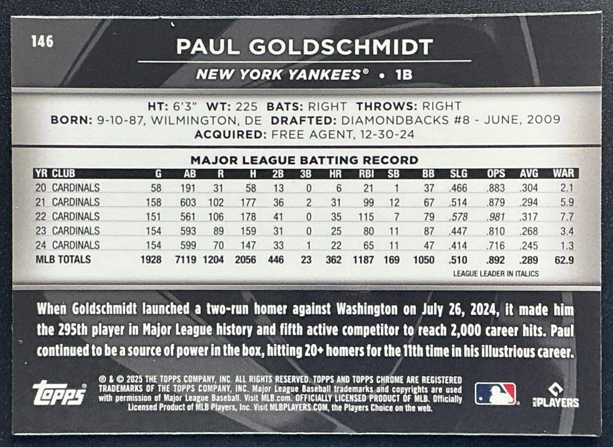 PAUL GOLDSCHMIDT 2025 TOPPS CHROME BLACK #146 YANKEES