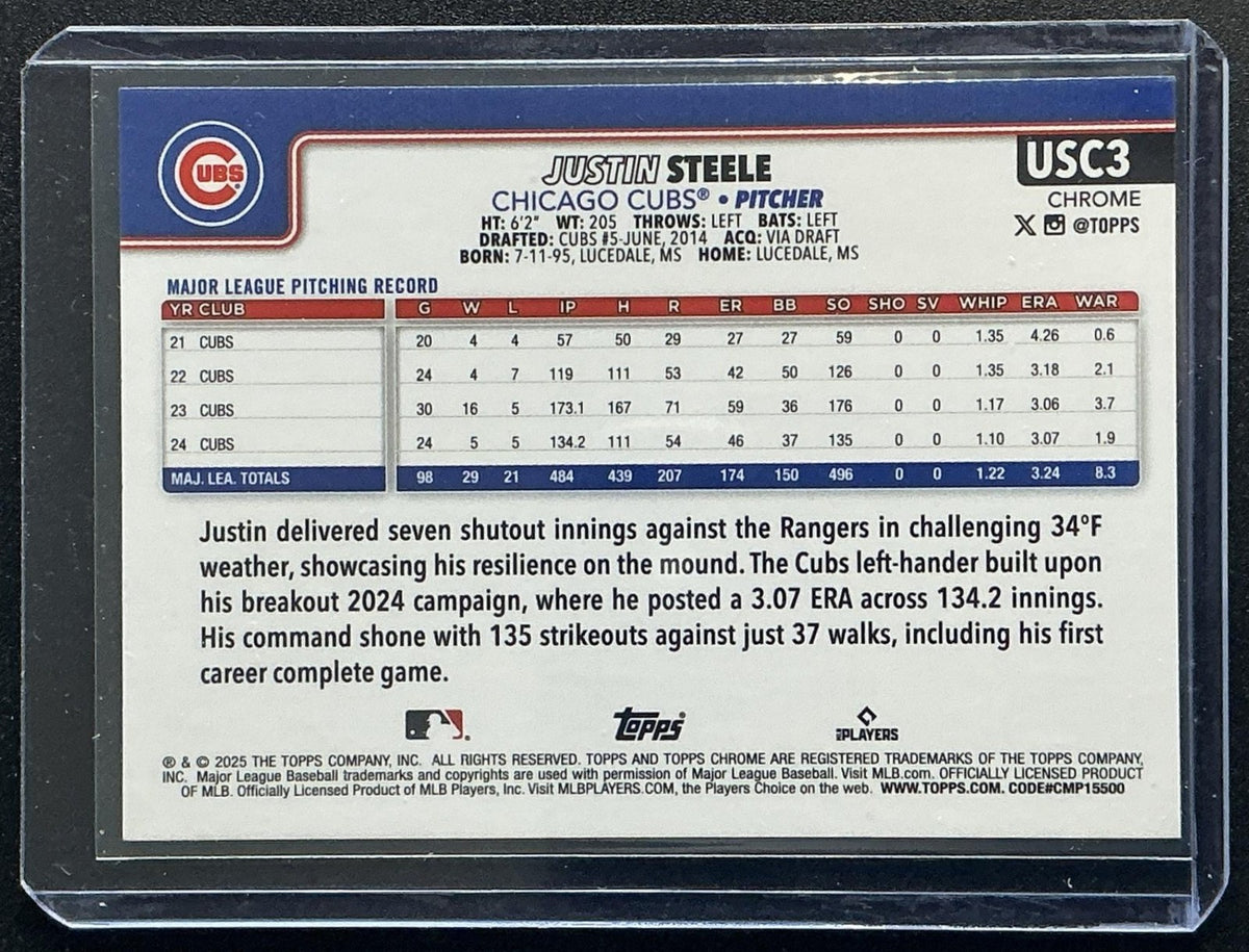 JUSTIN STEELE 2025 TOPPS CHROME UPDATE #USC3 GEOMETRIC REFRACTOR CUBS