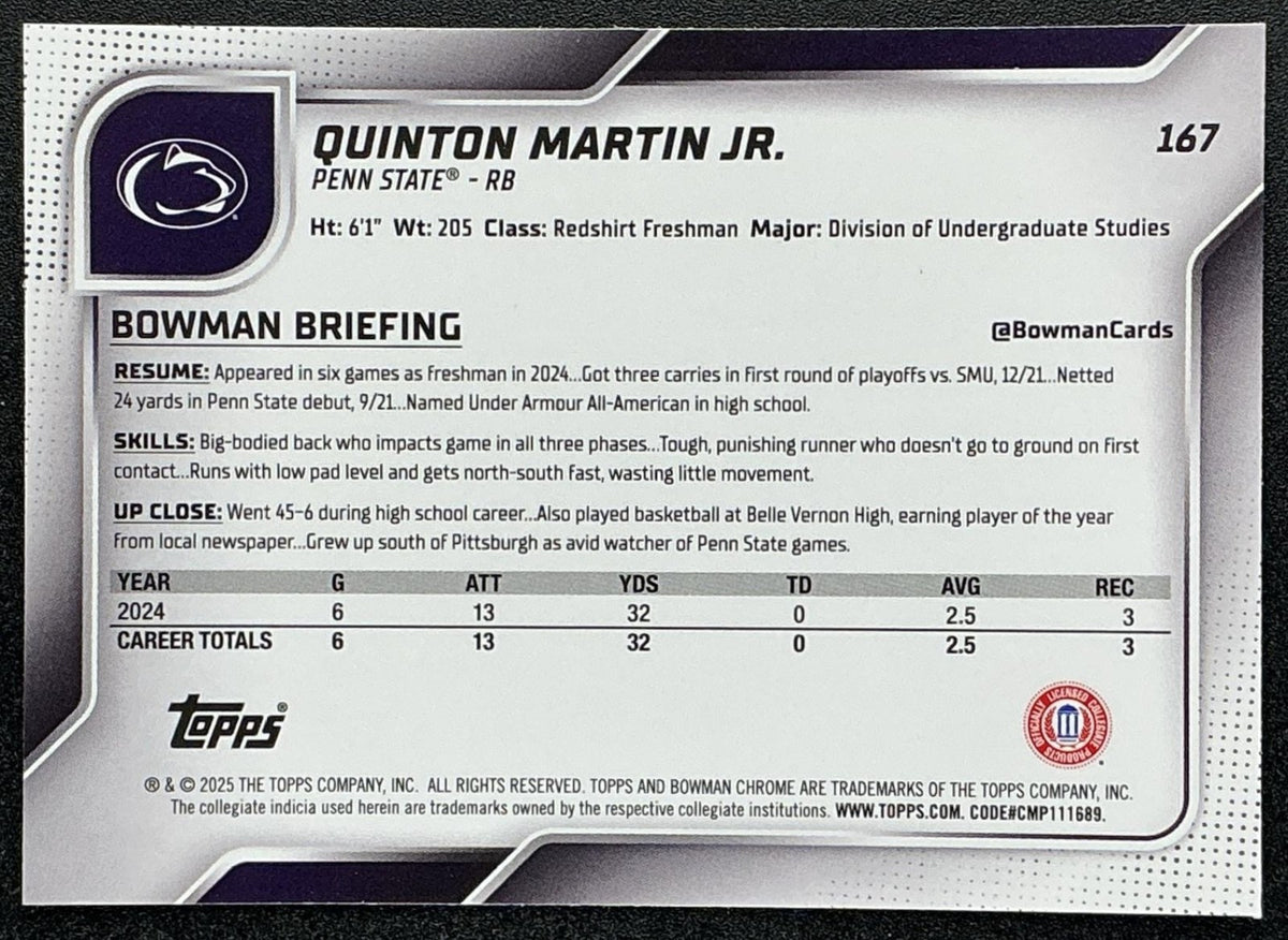 2025 Bowman Chrome University Sapphire Quinton Martin Jr. #167 1st Prospect