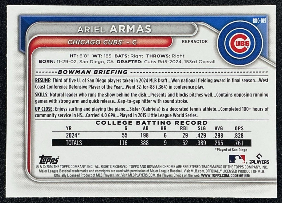 ARIEL ARMAS 2024 BOWMAN DRAFT #BDC-109 CHROME REFRACTOR 1ST PROSPECT CUBS