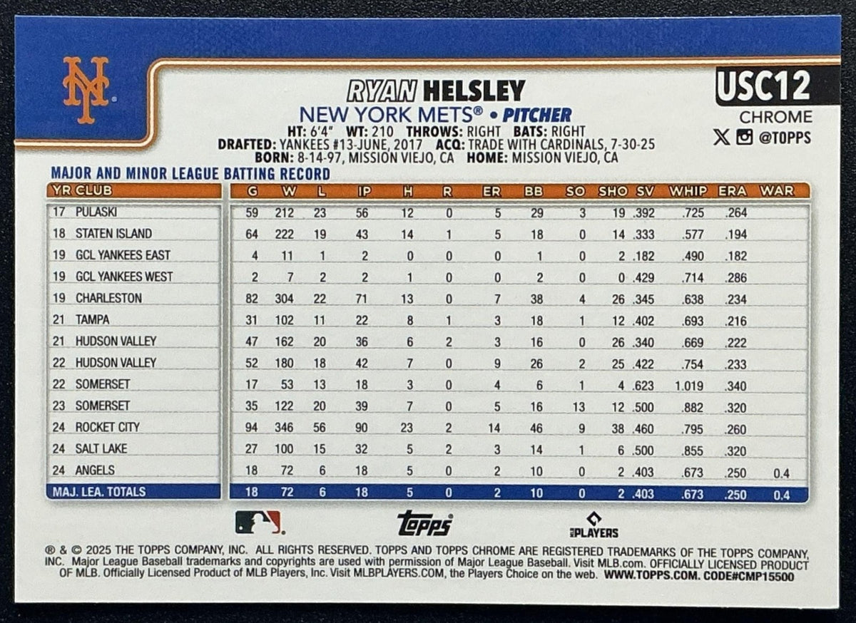 RYAN HELSLEY 2025 TOPPS CHROME UPDATE #USC12 PRISM REFRACTOR METS