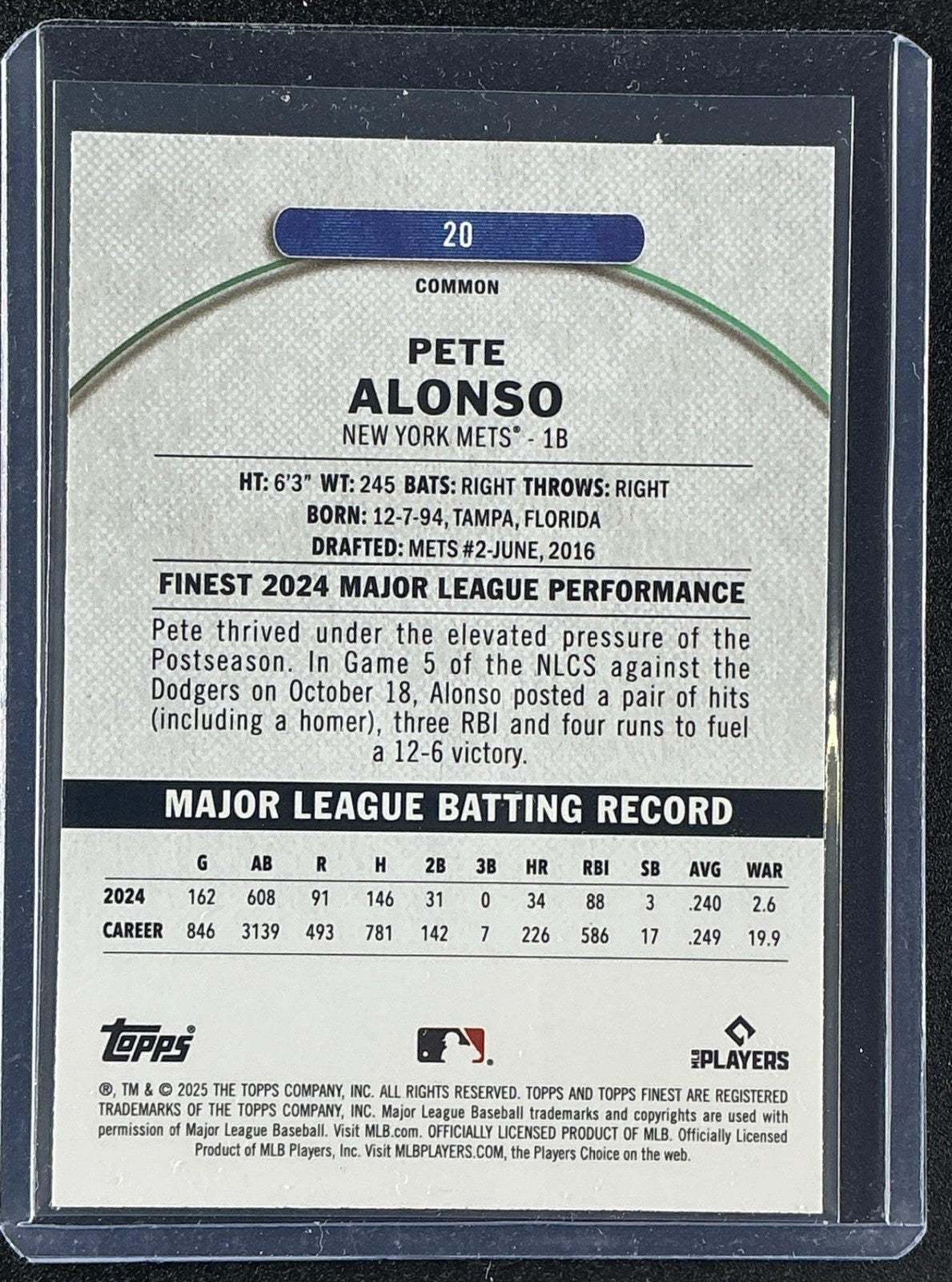 PETE ALONSO 2025 TOPPS FINEST #20 COMMON PURPLE REFRACTOR 235/250 METS