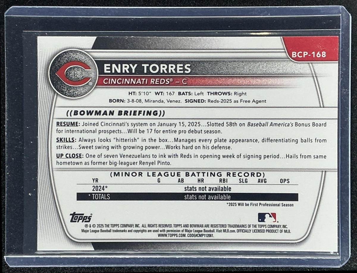 2025 Bowman Chrome Enry Torres #BCP-168 Green Wave Refractor /99 1st Prospect