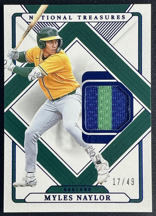 MYLES NAYLOR 2025 PANINI NATIONAL TREASURES #49 TREASURED THREADS BLUE 17/49 A'S