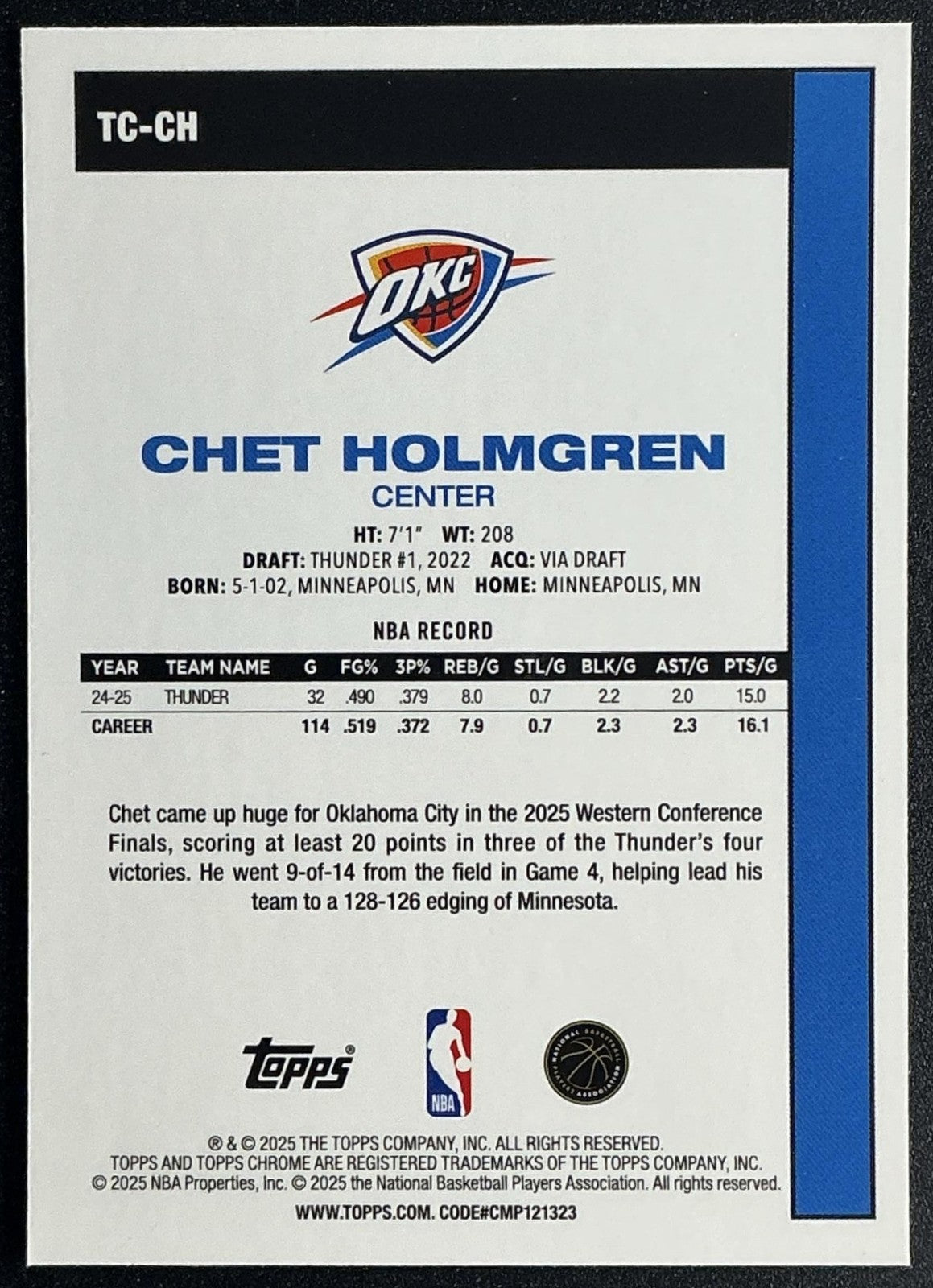 CHET HOLMGREN 2025-26 TOPPS #TC-CH 1980-81 CHROME MOJO REFRACTOR THUNDER