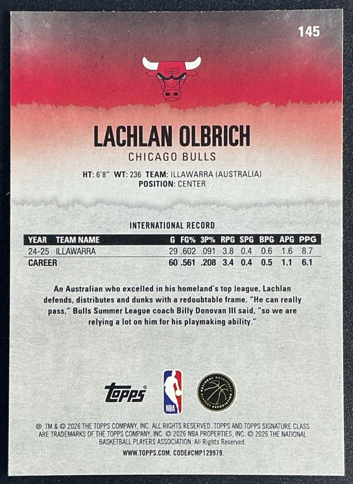 LACHLAN OLBRICH 2025-26 TOPPS SIGNATURE CLASS #145 ROOKIE RC BULLS