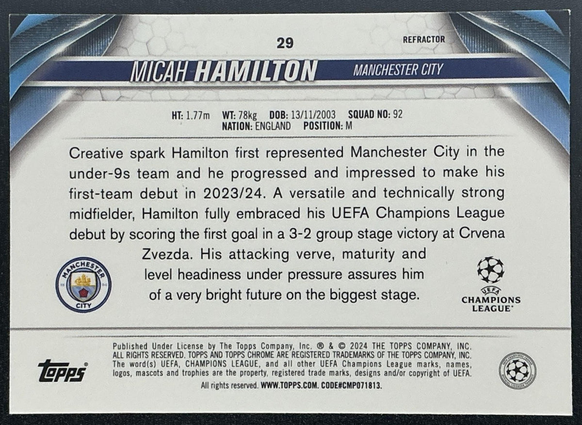 2023 Topps Chrome UEFA Club Competitions Micah Hamilton #29 Refractor RC