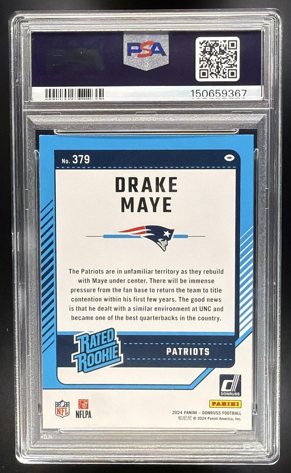 DRAKE MAYE 2024 PANINI DONRUSS #379 RC RATED ROOKIE PATRIOTS PSA 9