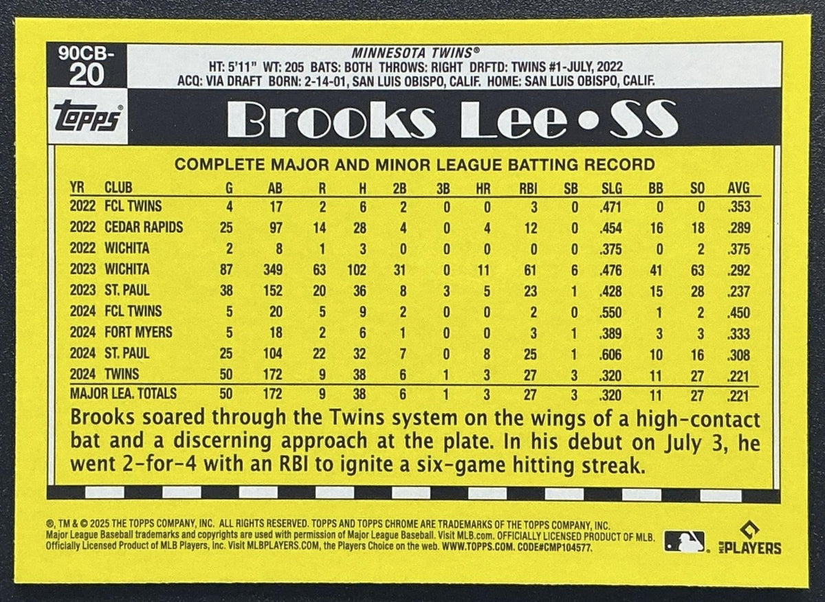 BROOKS LEE 2025 TOPPS CHROME #90CB-20 1990 BASEBALL TWINS