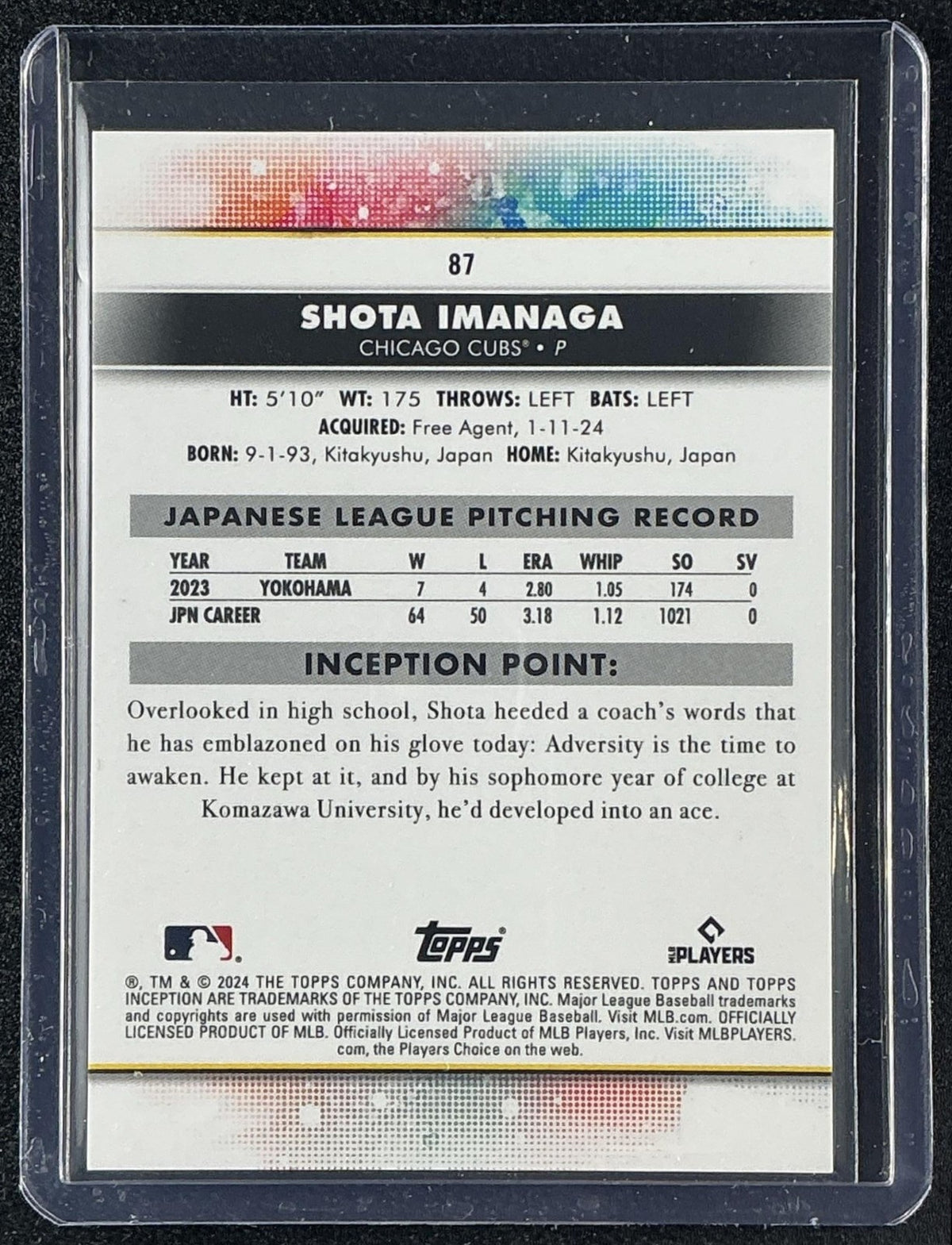 SHOTA IMANAGA 2024 TOPPS INCEPTION #87 RC CUBS