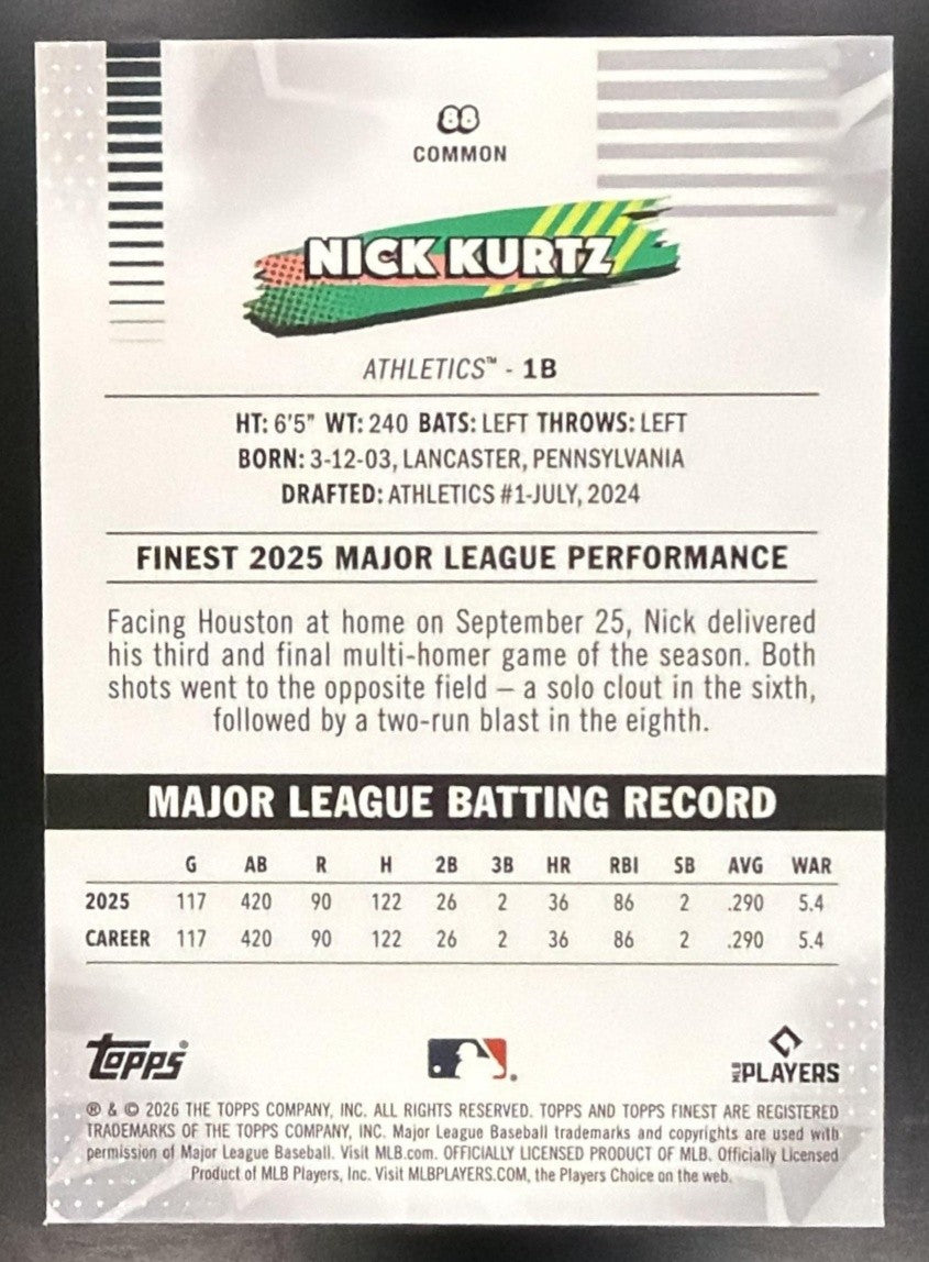 NICK KURTZ 2026 TOPPS FINEST #88 MINI-DIAMOND REFRACTOR ATHLETICS
