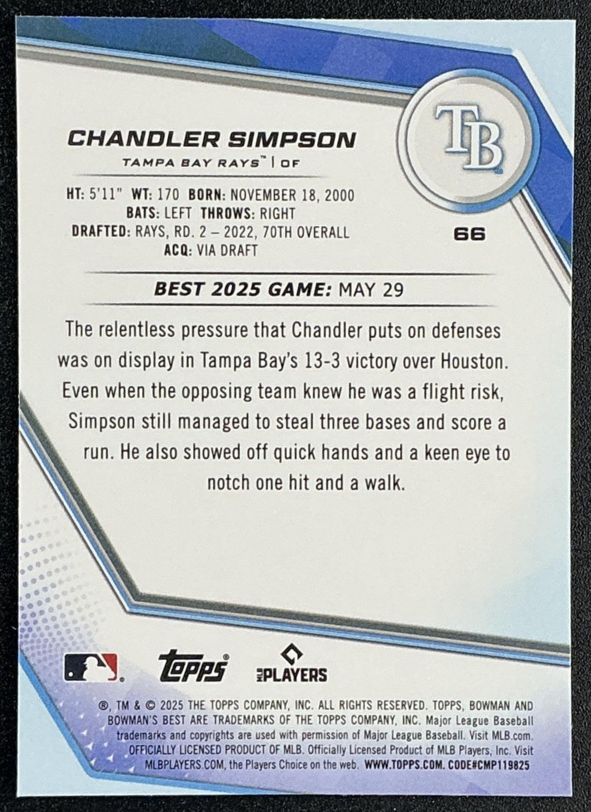 CHANDLER SIMPSON 2025 BOWMAN'S BEST #66 RC RAYS