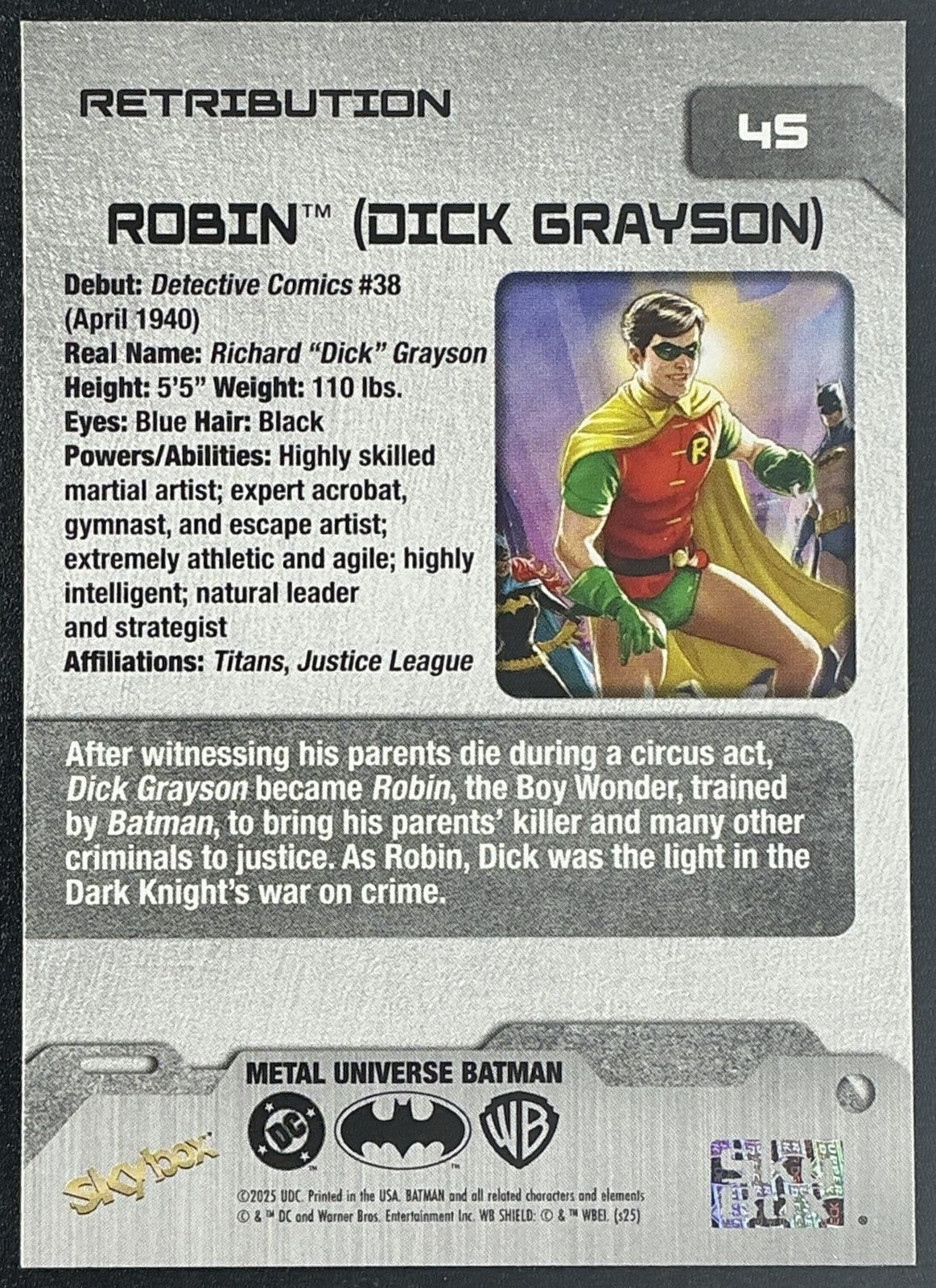 ROBIN DICK GRAYSON 2025 SKYBOX METAL UNIVERSE BATMAN #45 RETRIBUTION