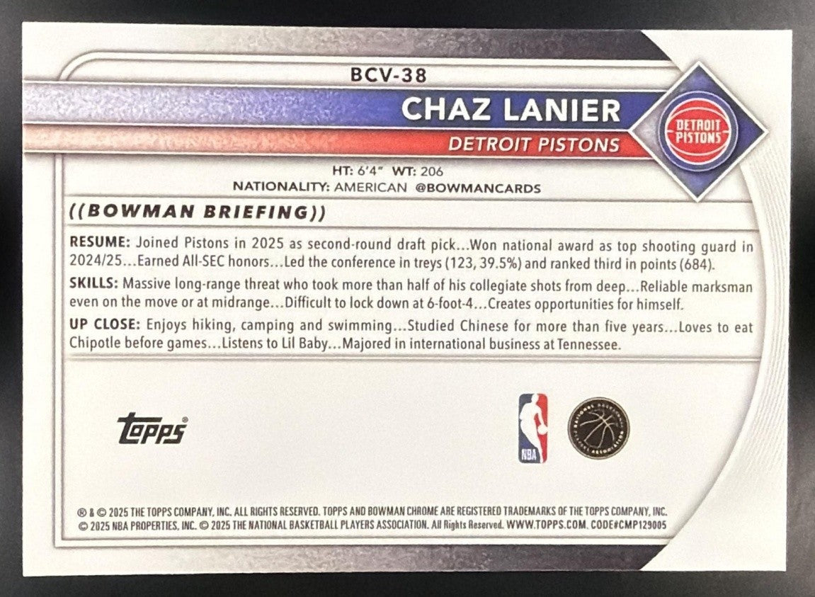 CHAZ LANIER 2025-26 BOWMAN #BCV-38 CHROME MINI DIAMOND REFRACTOR RC PISTONS