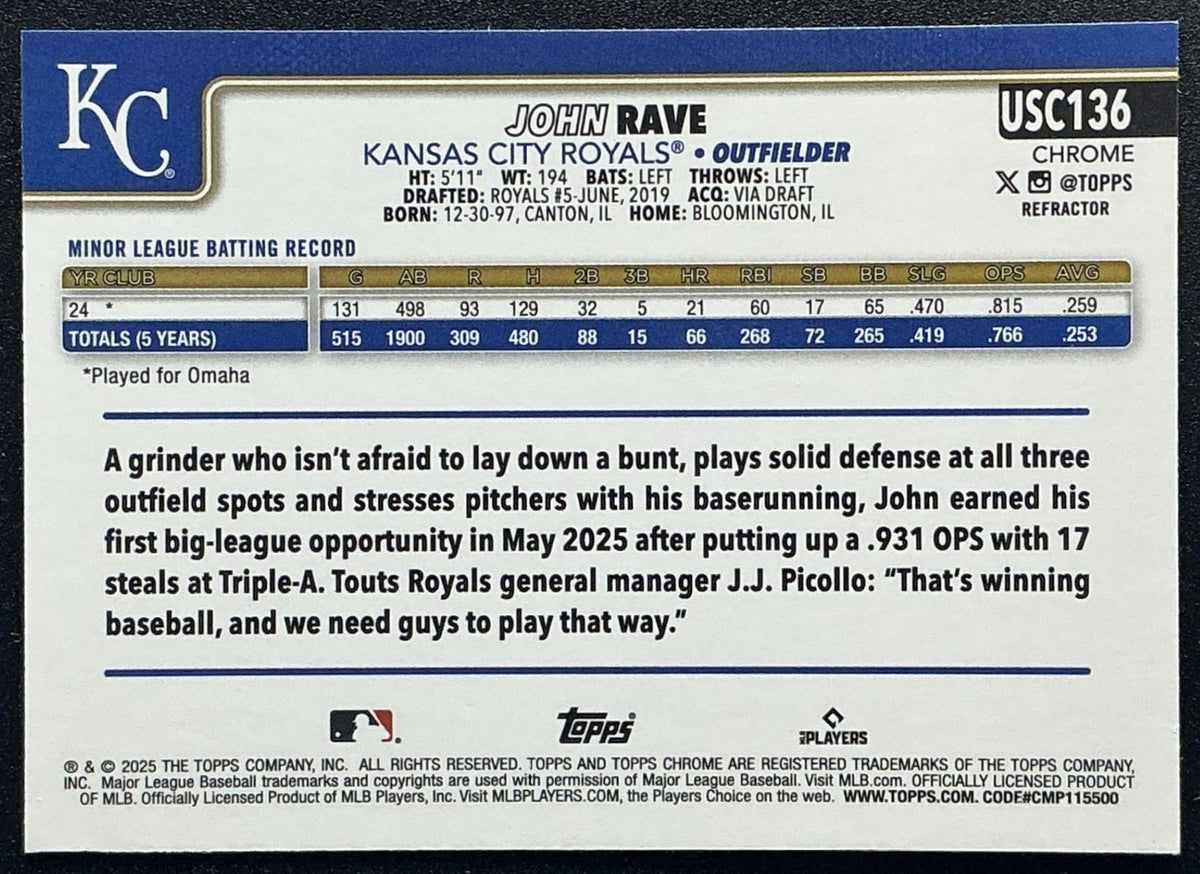 JOHN RAVE 2025 TOPPS CHROME UPDATE #USC136 REFRACTOR RC ROYALS