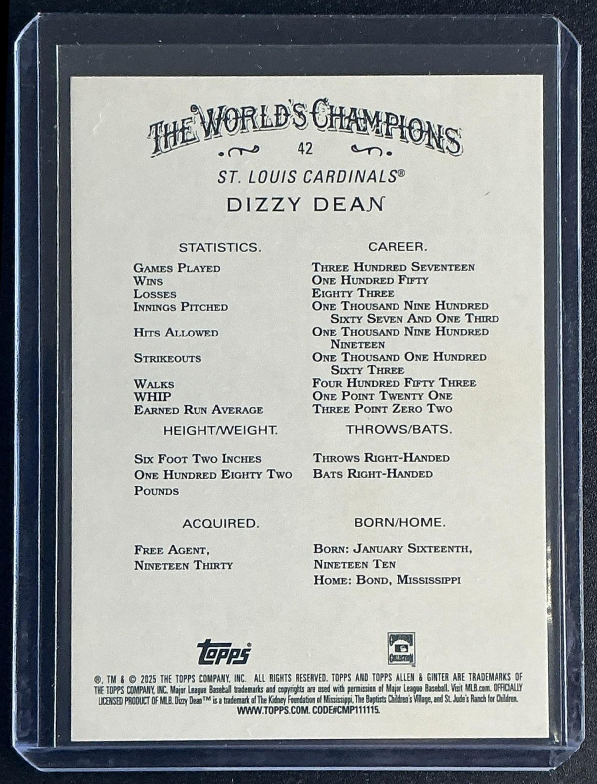 DIZZY DEAN 2025 TOPPS ALLEN & GINTER #42 SILVER PORTRAIT CARDINALS