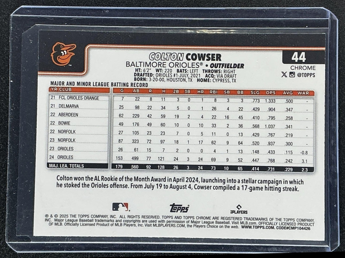 COLTON COWSER 2025 TOPPS CHROME #44 PURPLE REFRACTOR 128/250 ORIOLES
