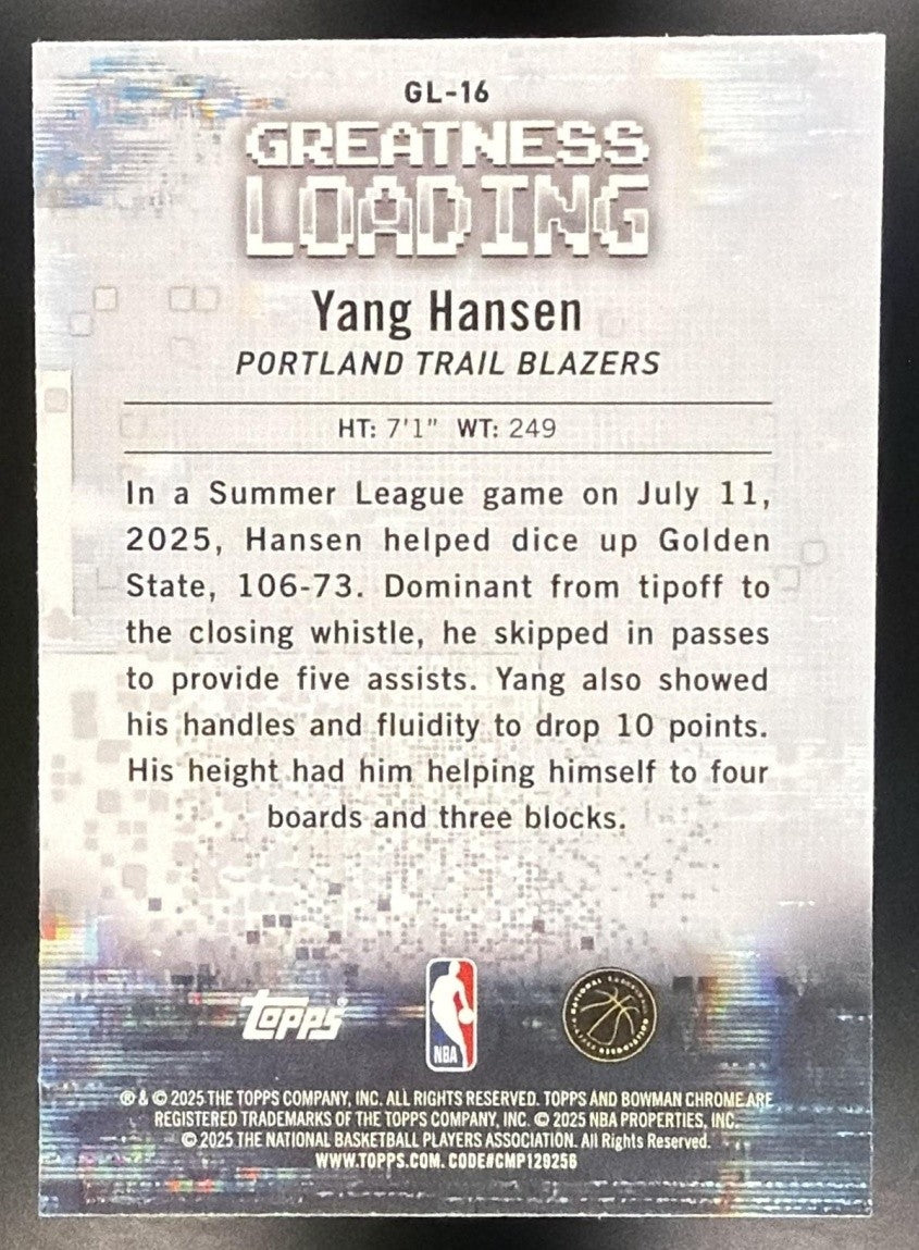 YANG HANSEN 2025-26 BOWMAN #GL-16 CHROME GREATNESS LOADING RC TRAIL BLAZERS