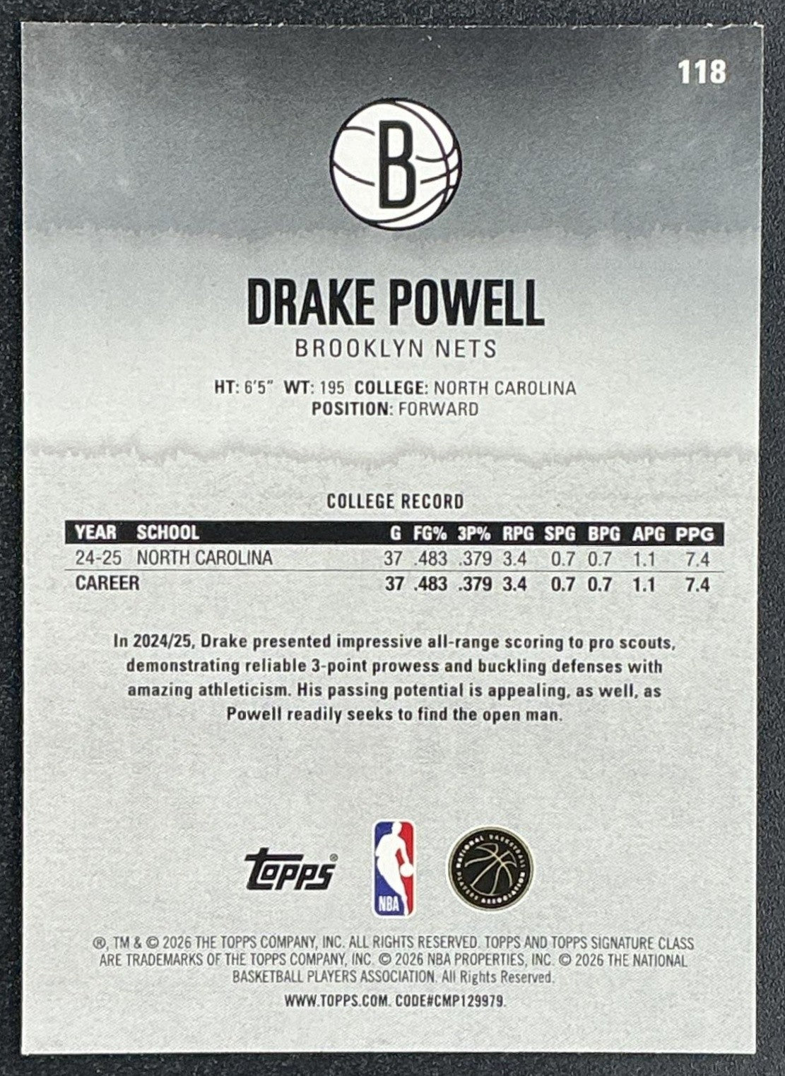 2025 Topps Signature Class Drake Powell #118 Rookie Yellow Foil /399 RC