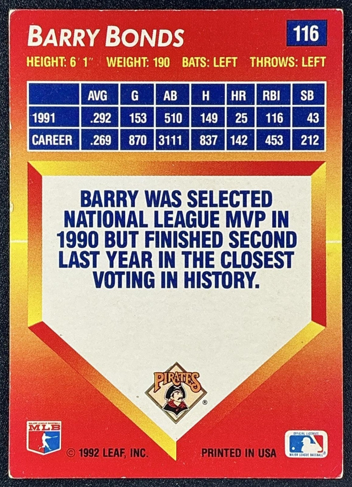 BARRY BONDS 1992 DONRUSS TRIPLE PLAY #116 PIRATES