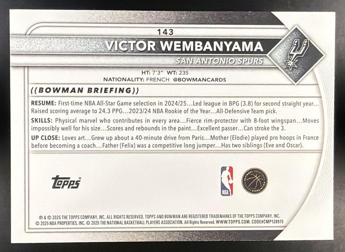 VICTOR WEMBANYAMA 2025-26 BOWMAN #143 SPURS