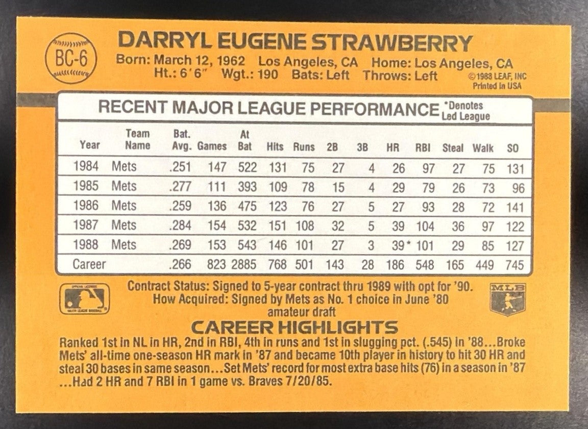 DARRYL STRAWBERRY 1989 DONRUSS #BC-6B BONUS MVPS METS