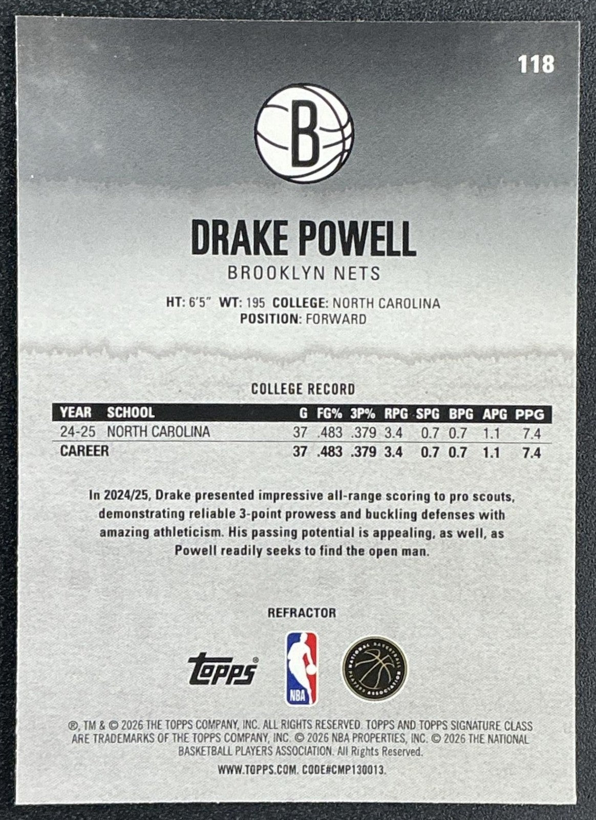 DRAKE POWELL 2025-26 TOPPS SIGNATURE CLASS #118 CHROME ROOKIE REFRACTOR RC NETS