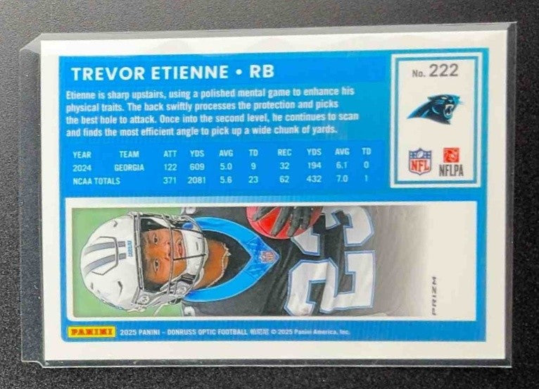 2025 Panini Donruss Optic Trevor Etienne #222 Rated Rookie Blue Hyper Prizm