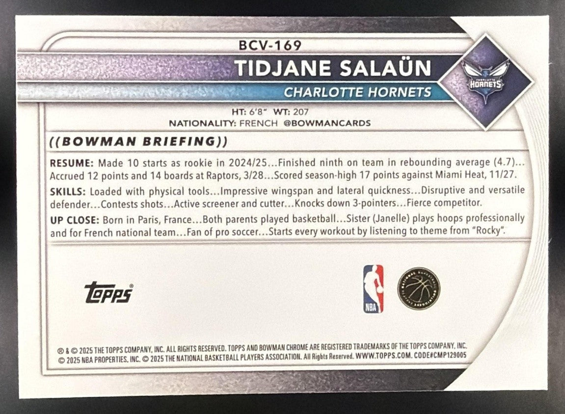 TIDJANE SALAUN 2025-26 BOWMAN #BCV-169 CHROME REPTILIAN REFRACTOR HORNETS
