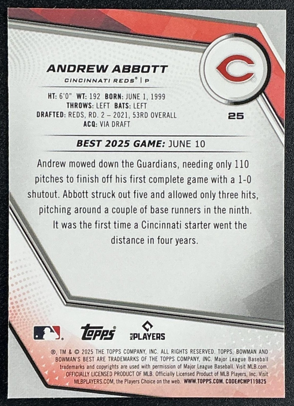ANDREW ABBOTT 2025 BOWMAN'S BEST #25 REDS