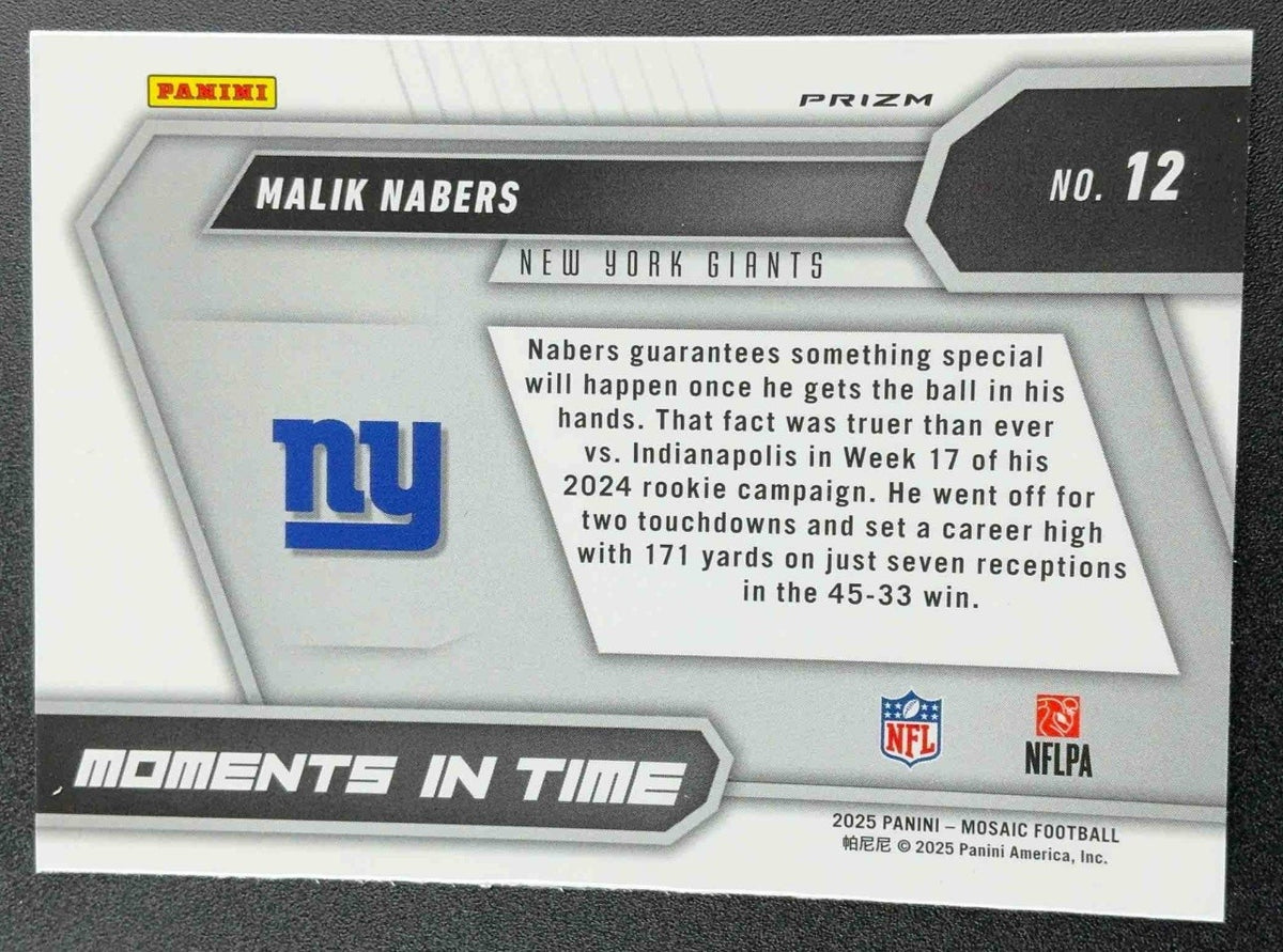 2025 Panini Mosaic Malik Nabers #12 Moments in Time No Huddle Silver Prizm