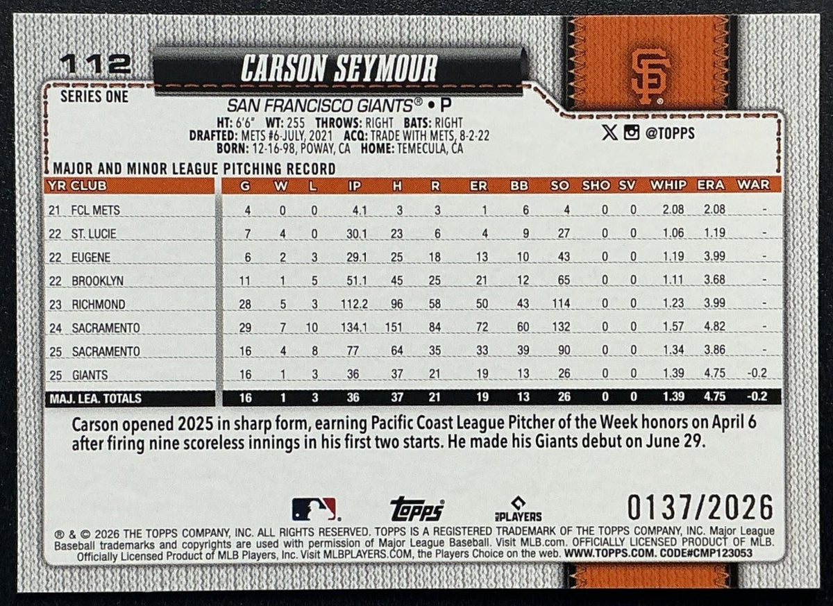CARSON SEYMOUR 2026 TOPPS SERIES 1 #112 GOLD 137/2026 RC GIANTS
