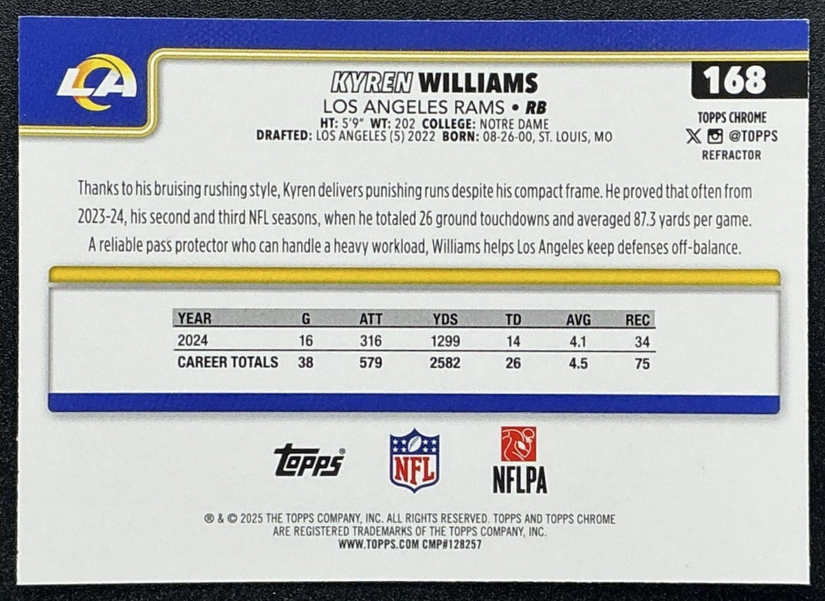 KYREN WILLIAMS 2025 TOPPS CHROME #168 REFRACTOR RAMS